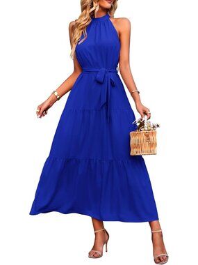Women's Solid Blue Floral Maxi Dress Sleeveless Halter Neck Flowy Ruffle Dress